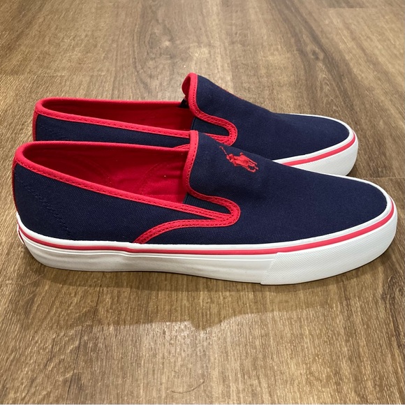 Polo Ralph Lauren Mytton Navy and Red Canvas Slip-On Sneakers 7.5D Brand New - Picture 1 of 9
